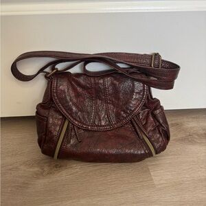 Maroon Faux Leather Crossbody Bag with Zip Pockets
